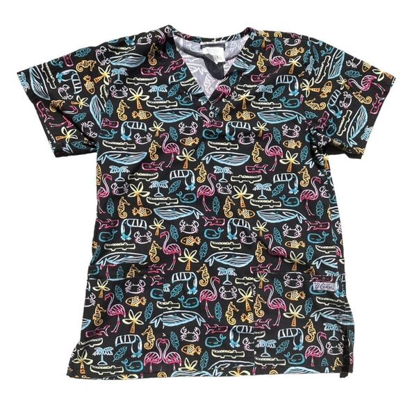 UA SCRUBS MEDICAL BLACK TOP WOMEN V NECK OCEAN FISH THEME POCKETS SMALL - Picture 1 of 5